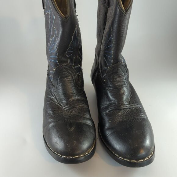 MASTERSON BOOT Co. BOY'S Sz 2, BLACK LEATHER COWBOY WESTERN BOOTS, BLUE STITCH - Picture 2 of 13